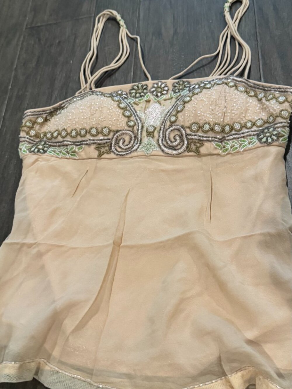Sue Wong Silk Chiffon Y2K Camisole Beige Green Beaded Lace Top babydoll Deco #16 - Picture 6 of 16